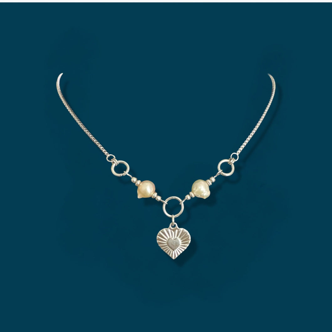 Burst Heart and Pearl Necklace