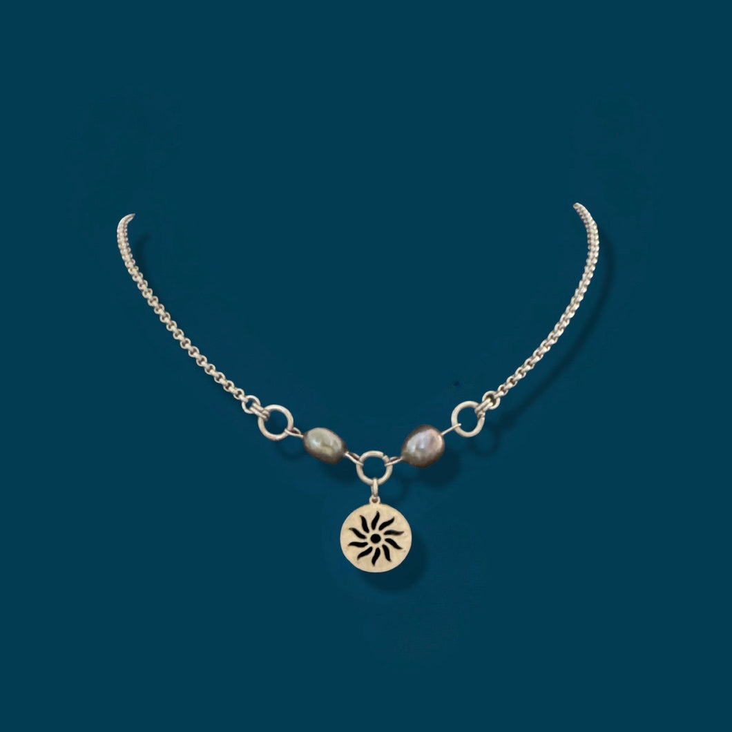 Black Freshwater Pearl and  Sun Necklace