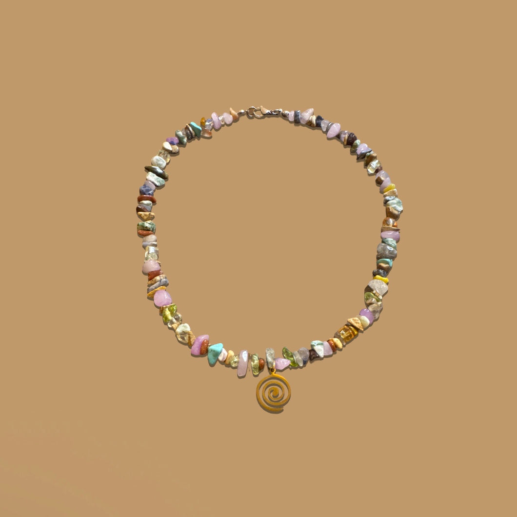 Mixed Stone and Crystal Necklace with a Gold Spiral