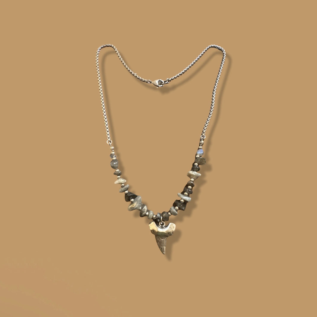 Grey Stone Necklace with Shark Tooth