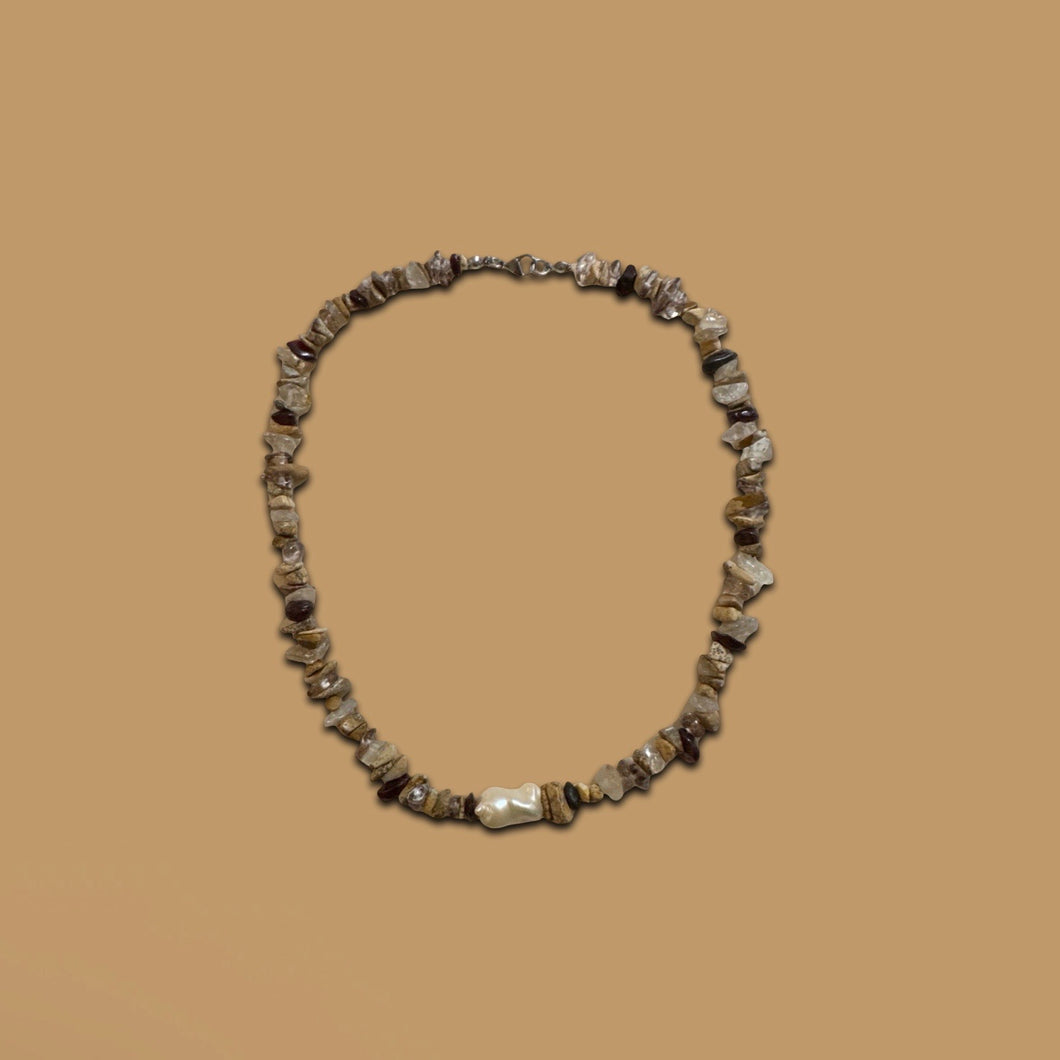 Brown Stone Necklace with Freshwater Pearl