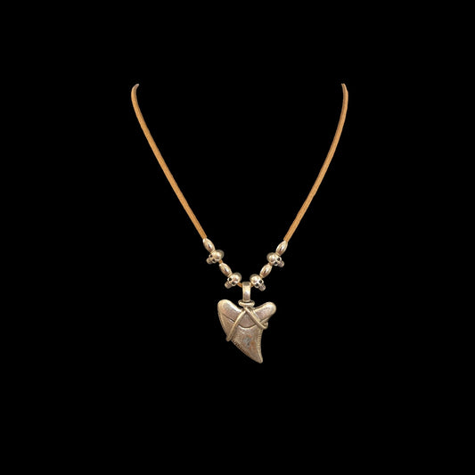 Shark Tooth and Skull Tan Suede Cord Necklace