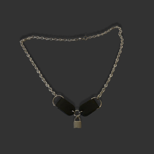 Black Leather Tab Lock Necklace